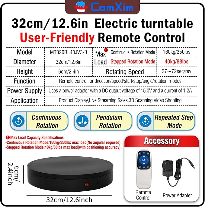 12.6Inch/350lbs Capacity Electric Motorized Turntable, Remote Rotating Display - Image 2