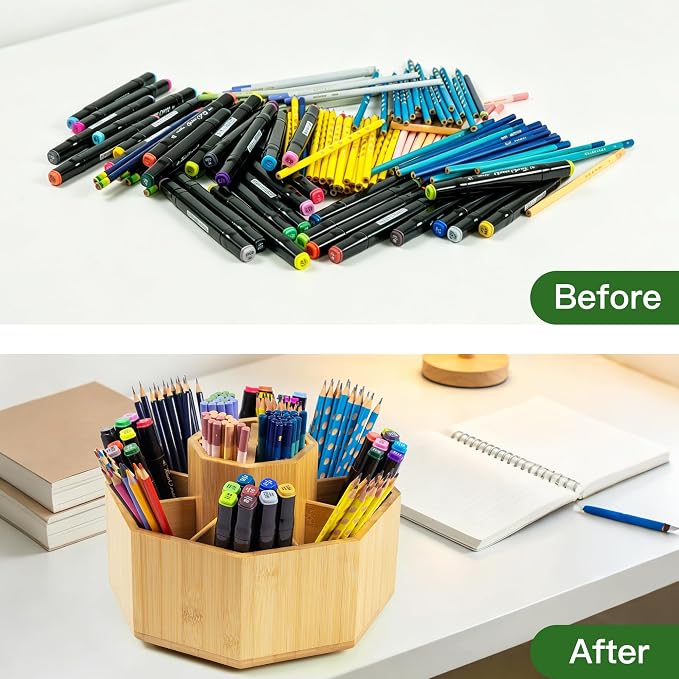 VaeFae 360° Rotating Bamboo Pen Holder Desk Art Supply Organizer | 9-12 Slots - Image 5