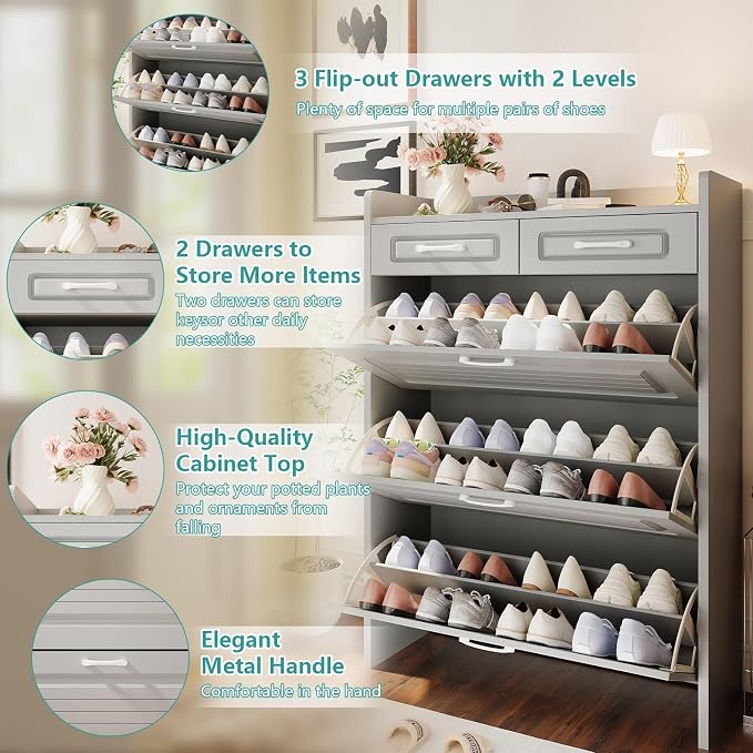 Shoe Cabinet with 3 Large Flip Drawers and 2 Storage Drawers, Narrow Shoe - Image 4