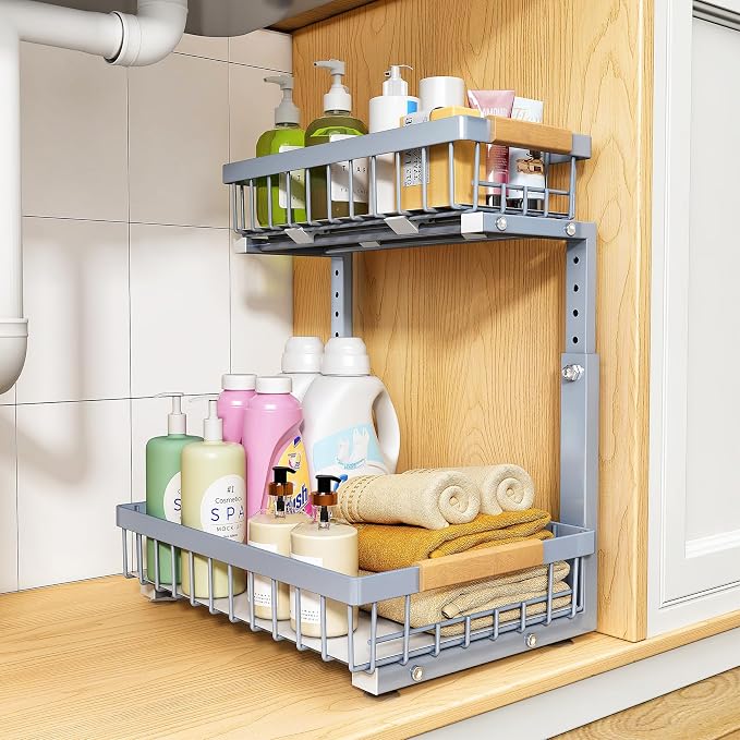 PXRACK Under Sink Organizer, Adjustable Height, 2 Tier Pull Out Under Cabinet by PXRACK