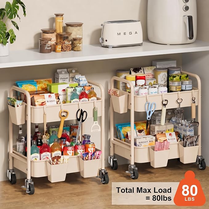 Beige 2 Tiered Small Rolling Cart on Wheels, Diaper Caddy Bedside Cart - Image 3