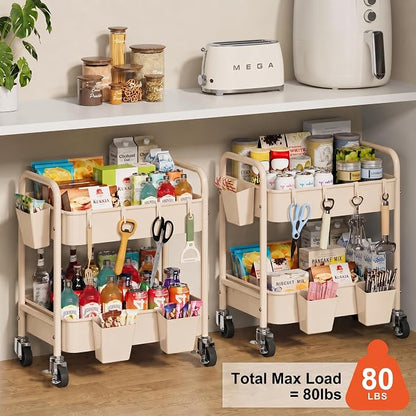 Beige 2 Tiered Small Rolling Cart on Wheels, Diaper Caddy Bedside Cart - Image 3