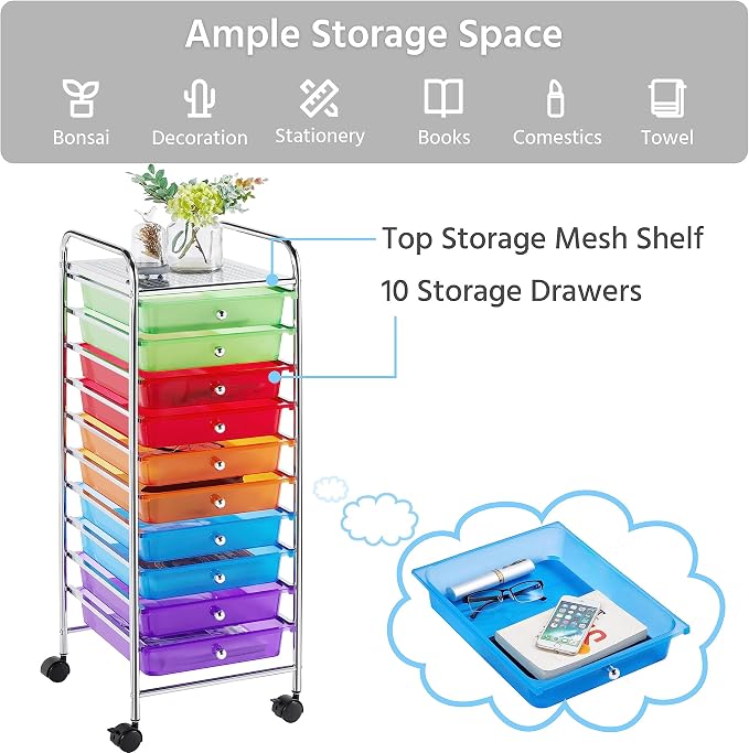 Yaheetech 10 Drawer Cart Rolling Plastic Storage Cart and Organizer - Image 7