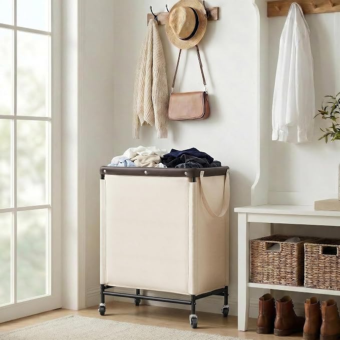 StorageWorks 2 Section Laundry Hamper, 100L Beige Sorter Cart - Image 7