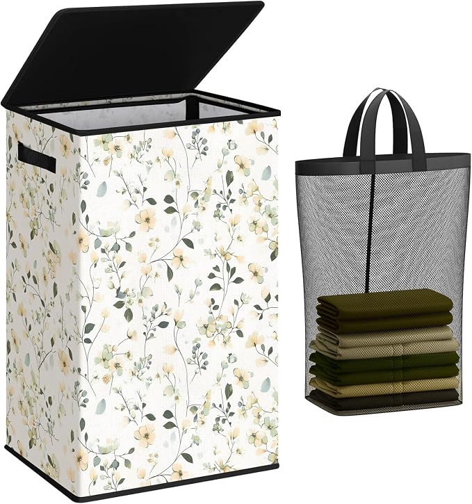 SOLEDI Laundry Hamper with Lid, 90L Tall & Large Floral Laundry Basket by SOLEDI