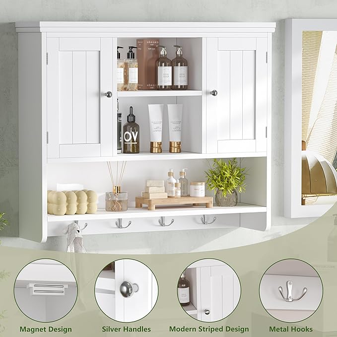 Bathroom Wall Cabinet with Doors and Hooks, 3-Tier Wall Mounted Cabinet | - Image 5