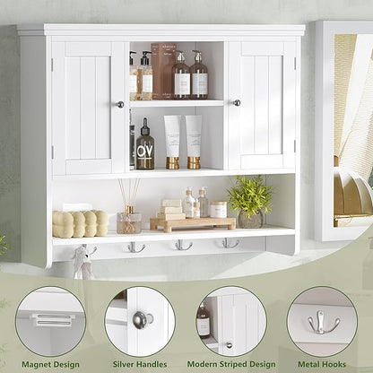 Bathroom Wall Cabinet with Doors and Hooks, 3-Tier Wall Mounted Cabinet | - Image 5