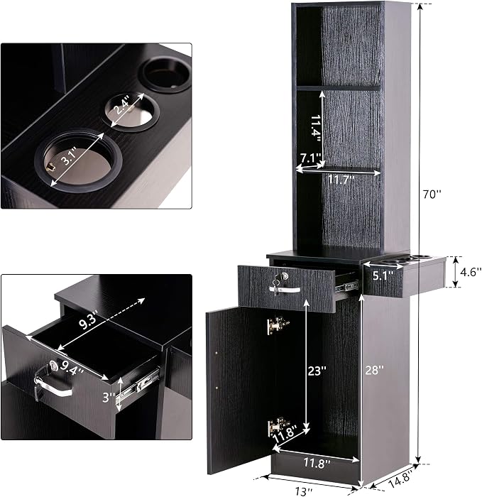BarberPub Wall Mount Barber Station Hair Styling Drawer Storage Beauty Salon - Image 3