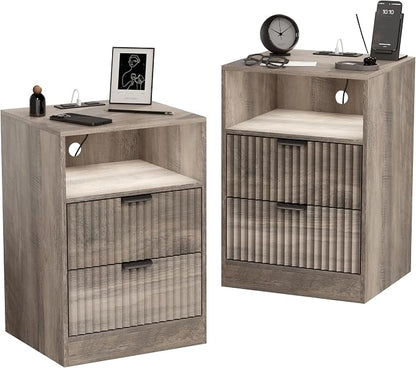 LED Nightstand with Charging Station, Fluted Nightstand Set of 2, Wood - Image 9