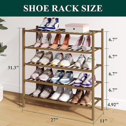 Smiry Bamboo Shoe Rack for Closet, 5 Tier Wooden Stackable Shoe Organizer - Image 2