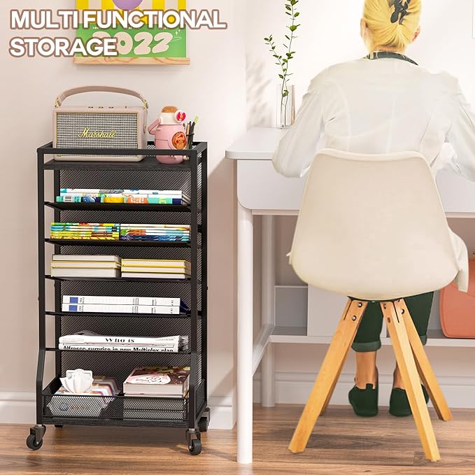 7 Tier Rolling File Cart with Sliding Trays, Wood Metal File Organizer Beside - Image 3