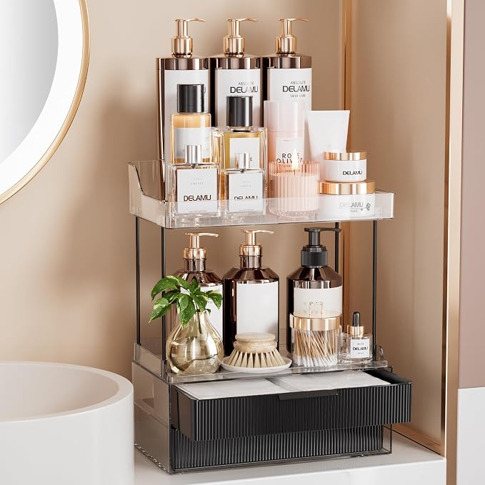 Delamu Bathroom Organizers and Storage, 2 Tier 2 Drawer Makeup Organizer by DELAMU