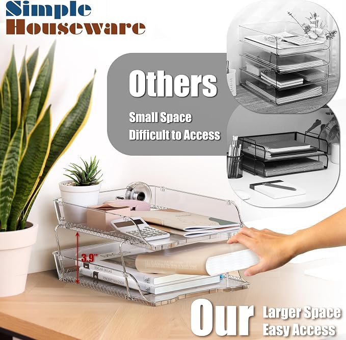 Simple Houseware 2-Tier Clear Stackable Letter Tray Organizer – Desktop File - Image 2