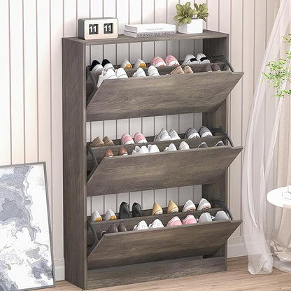BORNOON Shoe Cabinet with 3 Flip Drawers, Hidden Wood Shoe Cabinet, by BORNOON