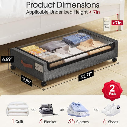 Yecaye Under Bed Storage with Wheels, Underbed Shoe Storage Organizer, Rolling - Image 2