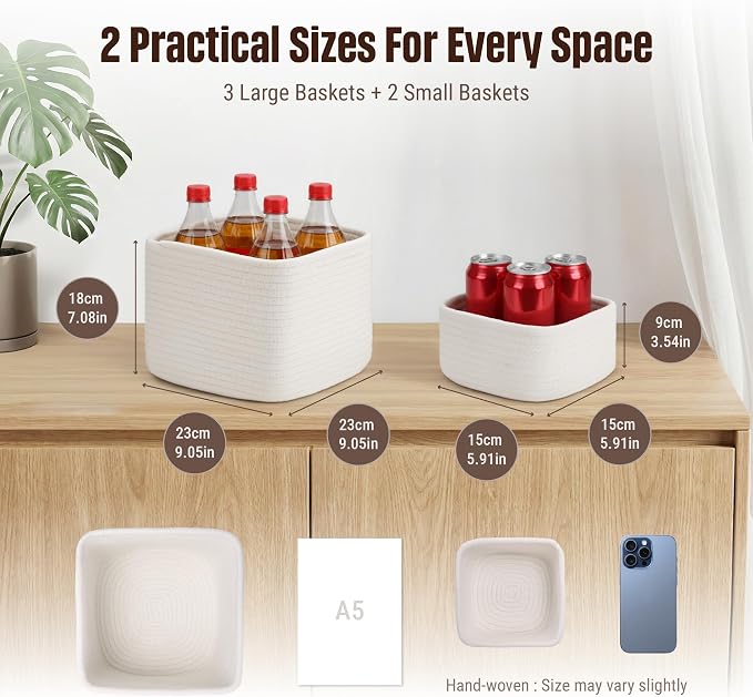 5-Pack Storage Cubes Woven Rope Baskets, 2 Sizes Organizer Bins | Ideal - Image 2