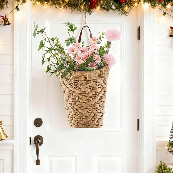 Handwoven Front Door Basket Water Hyacinth Wall Hanging Basket Decorative Boho - Image 2