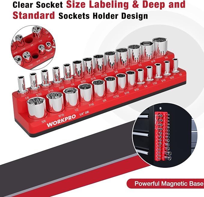 WORKPRO Magnetic Socket Organizer, 1/4-Inch SAE Socket Holder, Socket Trays - Image 5
