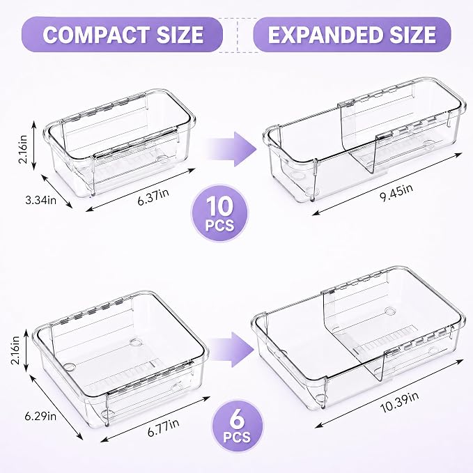 16 Pcs Extendable Clear Drawer Organizer, 2-Size Expandable Drawer Dividers - Image 2