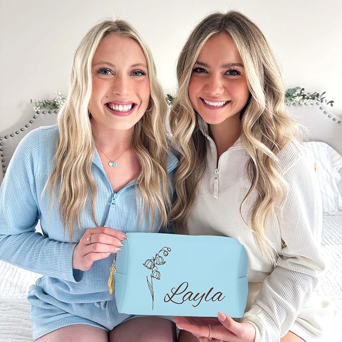 Personalized Makeup Bag with Name & Birth Flower, Custom Leather Cosmetic Bags - Image 3