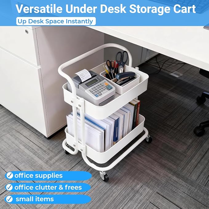 2 Tier Cart with Wheels Under Desk Storage with Handle, Metal Rolling Pantry - Image 5
