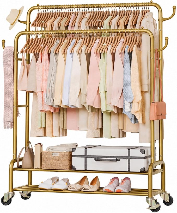 Homde Heavy Duty Clothes Rack: 265lb Rolling Double Rod Garment Hanging by Homde