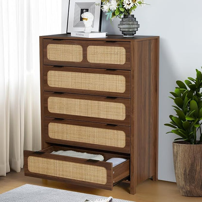 LEVNARY 5 Drawer Chest Dresser, Rattan Tall Dresser 5 Chest of Drawers Dressers - Image 6