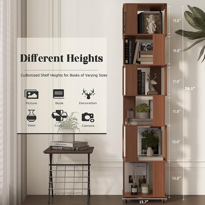 6 Tier Solid Wood Rotating Bookshelf Tower on Wheels, 360° Upgrade Spinning - Image 2