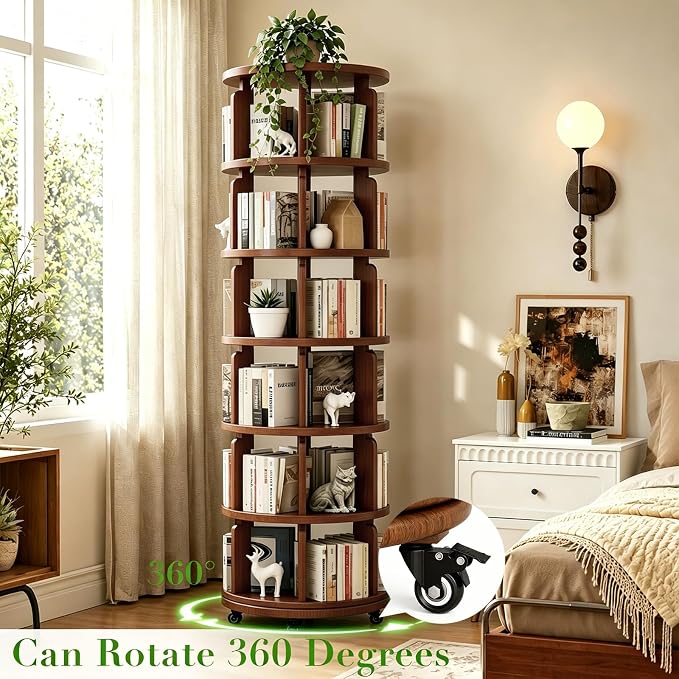 6 Tier 360° Rotating Solid Wood Bookshelf - Image 3