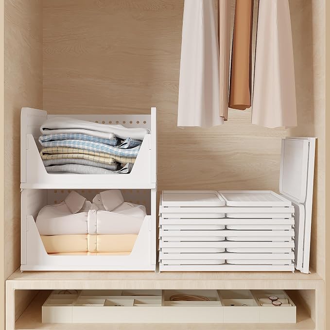 VECELO 4 Pack Plastic Closet Shelf Organizer, Stackable Sweater Storage Closet - Image 7