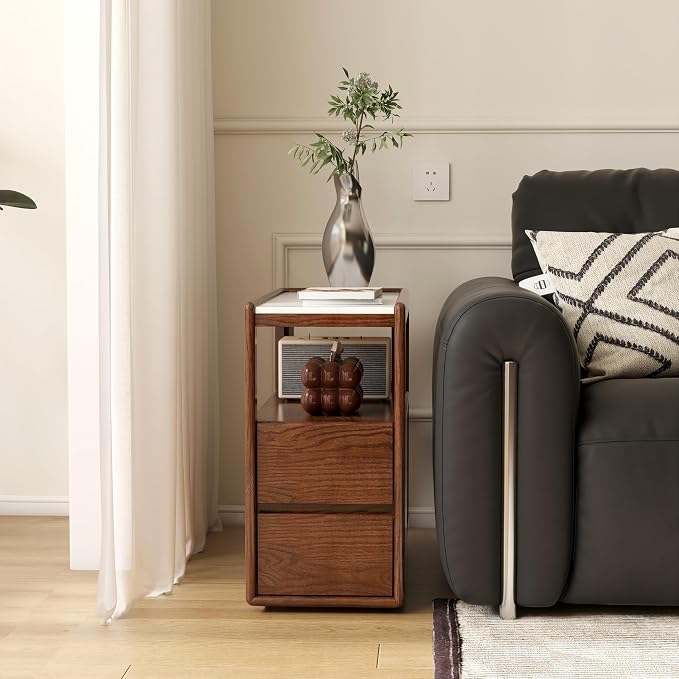 Solid Wood End Table with Storage Drawers, Narrow Side Table - Image 7