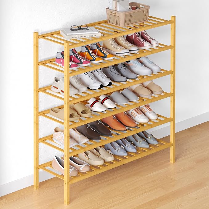Smiry Bamboo Shoe Rack for Closet, 6 Tier Long Wooden Stackable Shoe Organizer by Smiry