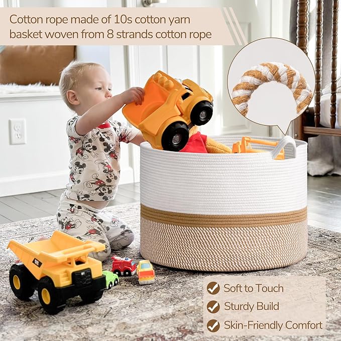 INDRESSME XXXLarge Cotton Rope Basket 21.7" x 21.7" x 13.8" Woven Baby laundry - Image 4