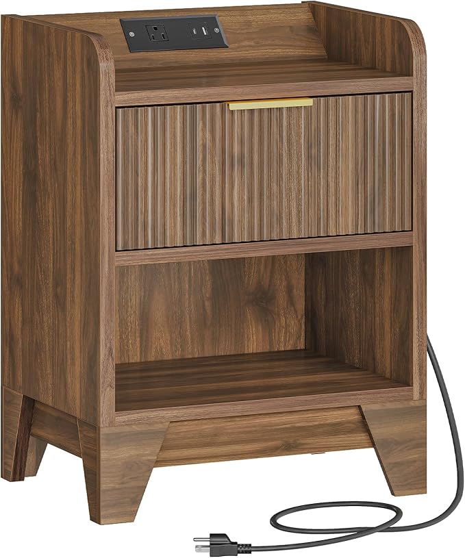 HOOBRO Fluted Nightstand with Charging Station, End Table with Hidden Drawer - Image 9