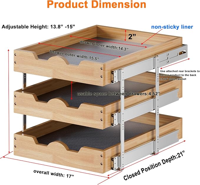 DINDON 3 Tier Pull Out Cabinet Organizer 17”W X21”D Slide Out Shelves - Image 2
