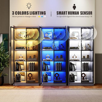 65" Tall Display Cabinet with Doors, Lighted Bookcase with Lights/Human Sensor - Image 3