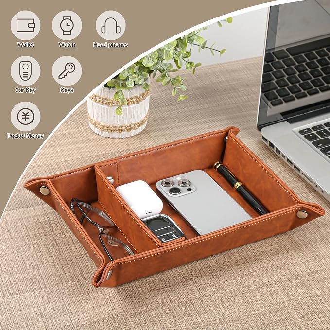 Deluxe Leather Tray Desktop Storage Organizer Watch Remote Control Jewelry Cell - Image 5