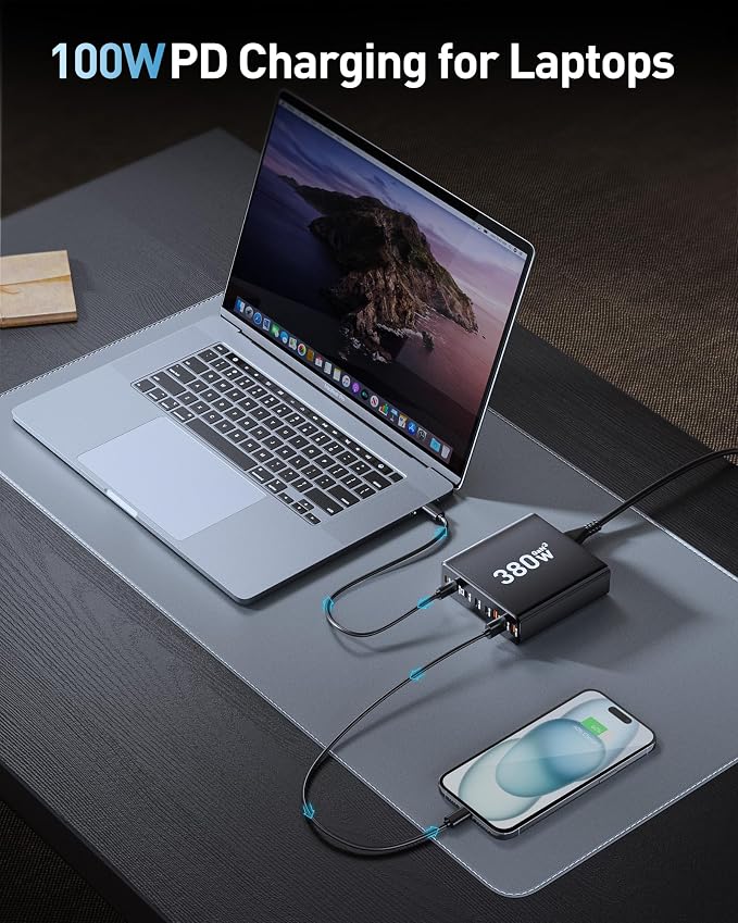 380W USB C Charger Block with 4 USB Cables Dual 100W Charging Station | 8-Port - Image 3