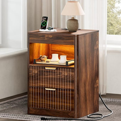 REAHOME Fluted Nightstand with Charging Station, Modern LED Night Stand with 2 - Image 9