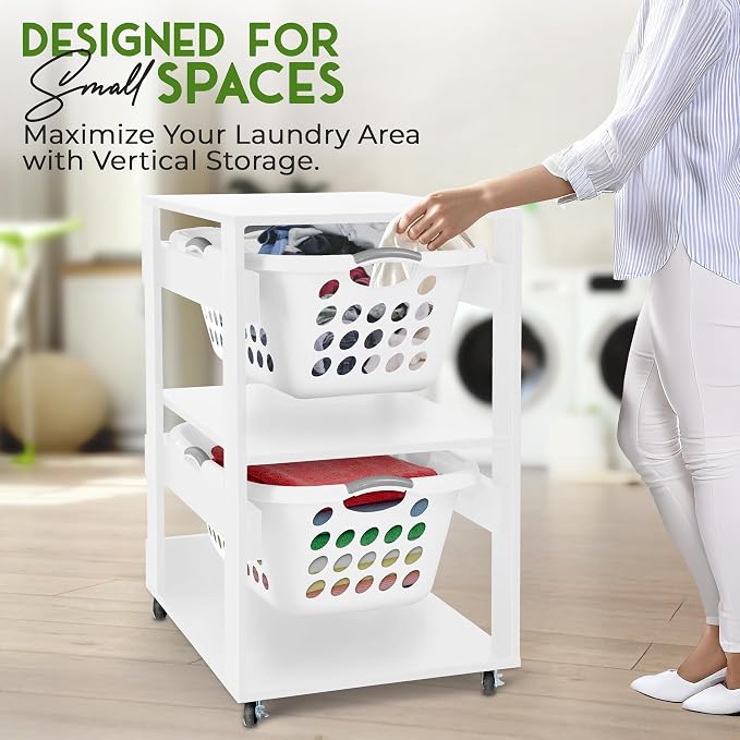 Laundry Basket Holder Shelf – Stackable Engineered Wood Laundry Tower - Image 4