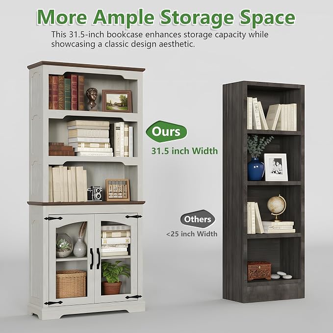 70 Inch Farmhouse Bookcase, Distressed White and Walnut Two-Tone Shelves - Image 3