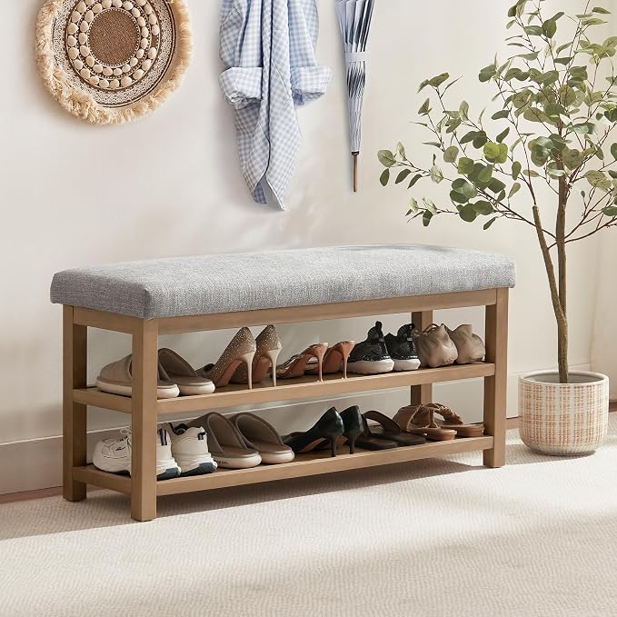 Zihanhome Shoe Rack Bench with Cushion, 2 Tier Solid Wood Storage Bench - Image 3