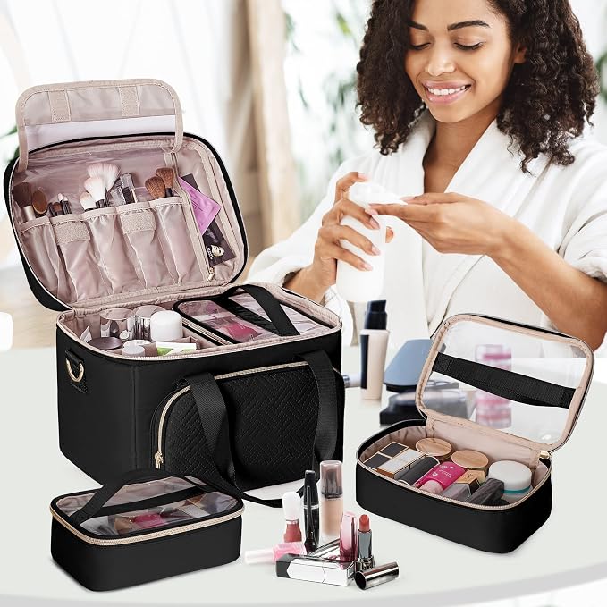 Travel Makeup Bag with 2 Pouches and Adjustable Dividers, Large Cosmetic Case - Image 7