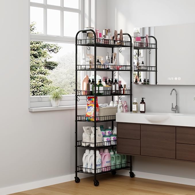 6 Tier Slim Storage Cart with Wheels, Metal Mobile Shelving Unit Organizer - Image 3