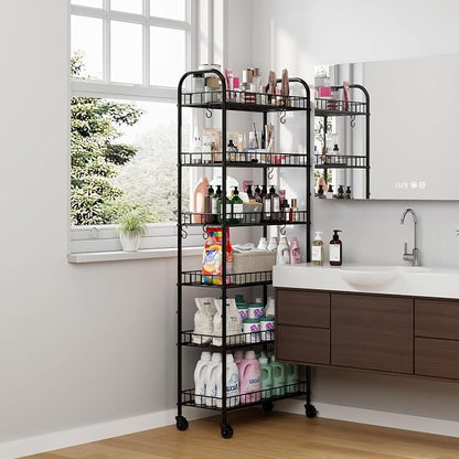 6 Tier Slim Storage Cart with Wheels, Metal Mobile Shelving Unit Organizer - Image 3