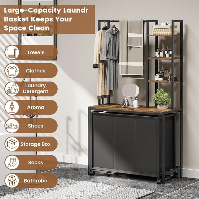 Laundry Hamper with 3 Section Rolling Bags and Shelf, 4 Tiers Tall Laundry - Image 6