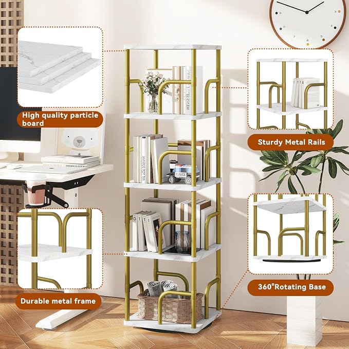 IBUYKE 5 Tier Rotating Bookshelf, Square Bookcases - Image 4
