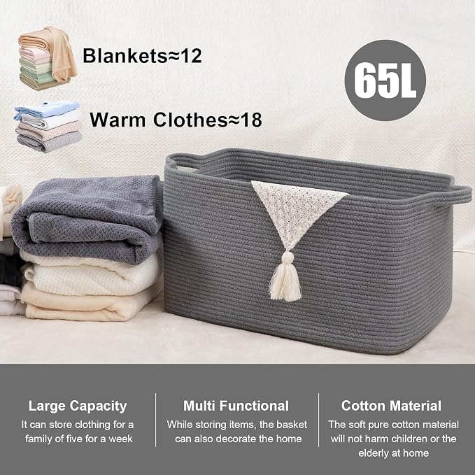 65L Large Storage Basket, Cotton Rope Woven Blanket Basket, Toy Storage - Image 3
