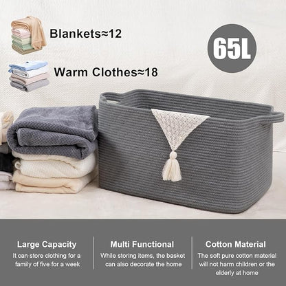 65L Large Storage Basket, Cotton Rope Woven Blanket Basket, Toy Storage - Image 3