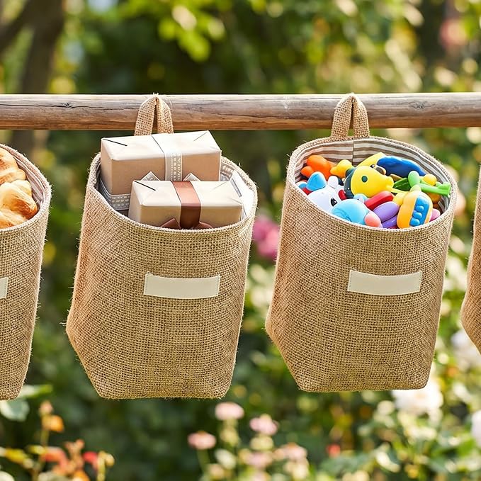 2 Pack Wall Hanging Storage Bags, Cotton Linen Hanging Organizer Foldable - Image 3